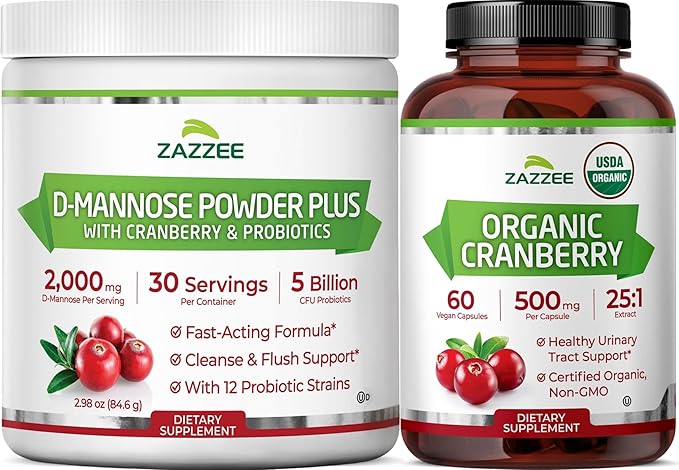 Zazzee Urinary Tract Cleanse Bundle | Fast Acting Probiotic Cranberry D Mannose Powder Plus USDA Organic Cranberry Extract Capsules for Women | Non-GMO Vegan & ISO Lab Tested