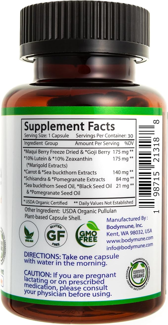 Advanced EyeCare | USDA Organic Eye Health Supplement with Lutein & Zeaxanthin | Maqui, Goji & Sea Buckthorn Extracts | 30-Day Supply | Vegan, Non-GMO, Made in USA