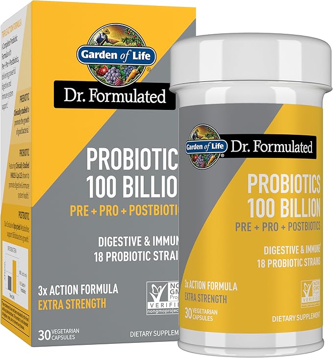 Garden of Life Dr. Formulated Pre, Post & Probiotics 100 Billion CFU Once Daily 3-in-1 Complete Probiotics, Prebiotics & Postbiotics Supplement for Women and Men – Extra Strength, 30 Day Supply