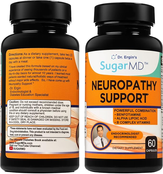 SugarMD Neuropathy Support Supplement – 60 Nerve Capsules with Alpha Lipoic Acid, Benfotiamine & Vitamin D3 B6 B12 - Nerve Support for Feet, Hands, Fingers & Legs - 30 Day Supply