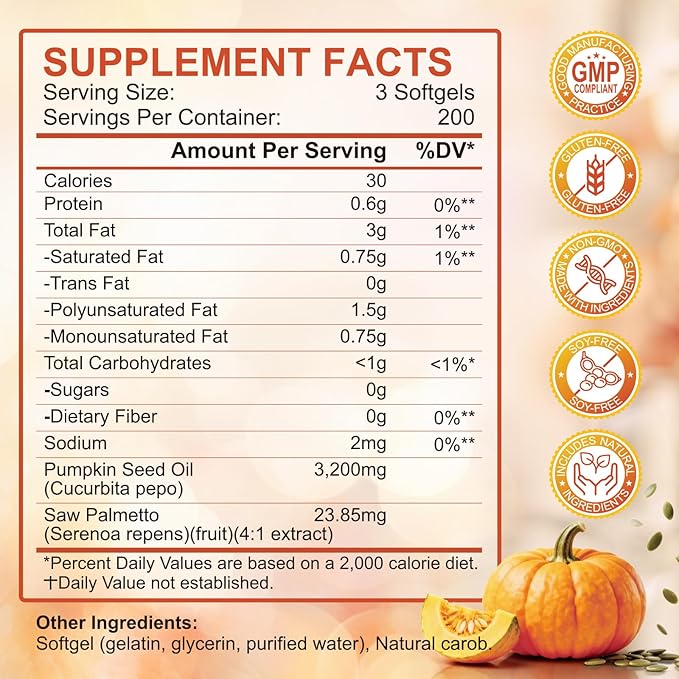 SCOLA Pumpkin Seed Oil with Saw Palmetto,3200mg/Serving,Cold-Pressed with Essential Fatty Acids & Phytosterols,Supports Hair, Immune,Bladder & Prostate Health,Non-GMO (600 Softgels)