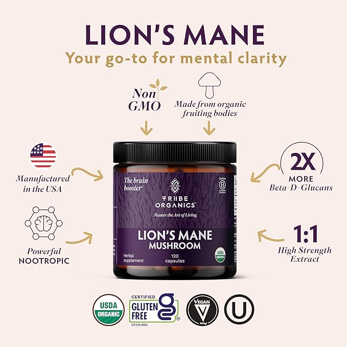 TRIBE ORGANICS Lion’s Mane Supplement 1000mg Mushroom Extract Powder - Immune System Booster & Brain Nootropic for Focus and Memory | Mental Clarity | Natural Energy and Immunity - 120 Vegan Capsules