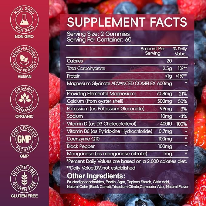 Magnesium Glycinate Gummies 600mg, Sugar Free Mix Berry