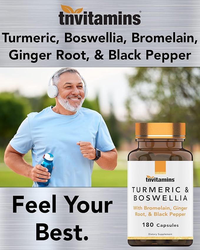 tnvitamins Turmeric & Boswellia Complex (180 Capsules) with Ginger Root, Bromelain, & Black Pepper Extract | Joint-Ease Formula: Powerful Joint Support Supplement* | Produced in The USA