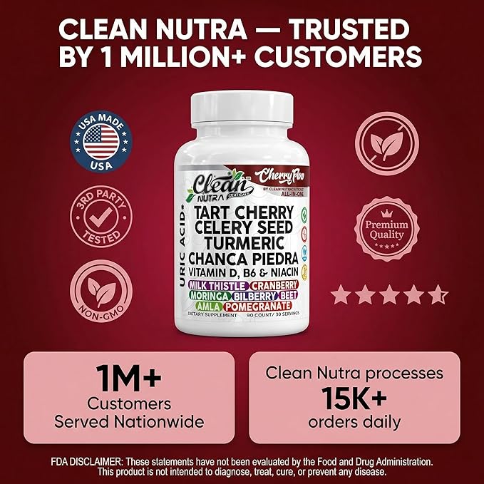 Cherry Flow Tart Cherry Capsules Uric Acid Support Celery Seed Turmeric Chanca Piedra Vitamin D Vitamin B6 Niacin Milk Thistle Moringa Extract Pomegranate Beets 90 Count By Clean Nutra