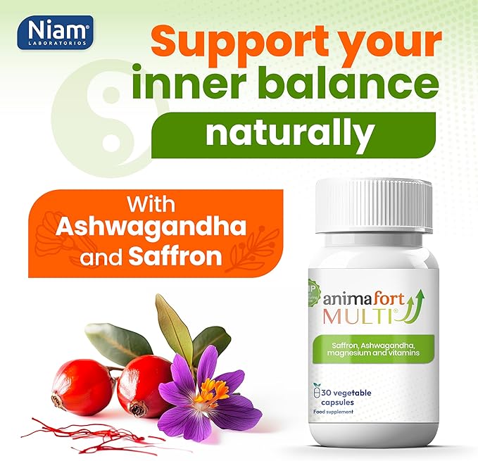 NIAM Laboratorios Ashwagandha KSM-66 & Saffron Supplement | Stress Relief, Mood & Emotional Balance | Vitamin B & Magnesium | Natural Pills for Mental Relaxation | 30 Capsules | AnimaFort Multi