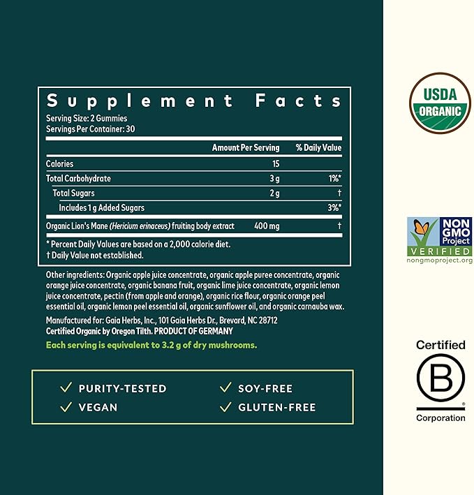 Gaia Herbs Lion's Mane Mushroom Gummies - Brain Support Supplement* - Made with Organic Lion's Mane Mushrooms - Free from Gluten, Soy & Dairy - 60 Vegan Gummies (30 Servings)