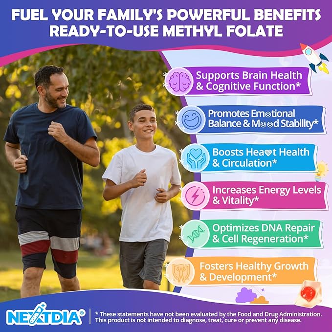 L-Methylfolate 1000 mcg + Methyl B12 Gummies for Kids & Adults - Active 5-MTHF, w/Omega-3 DHA & EPA(3:1), Choline & TMG, B6, Supports MTHFR Gene, Brain, Energy & Methylation, Sugar free, 60 Cts