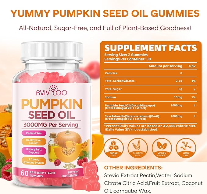 Pumpkin Seed Oil Gummies with Saw Palmetto, Organic Pumpkin Seed Oil Supplement, High-Purity Extract for Hair Growth, Skin Health, & Immune Support, Raspberry Flavor, 120 Count