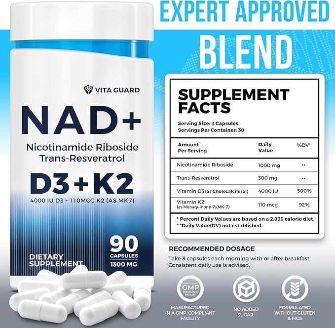 Anti-Aging Energy NAD Supplement – NMN Alternative with Nicotinamide Riboside 1000mg, Trans-Resveratrol 300mg, Vitamin D3 4000 IU and K2 110 mcg MK7 – Vegetarian 60 Capsules, 1300mg