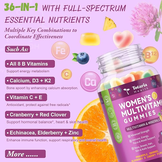 Totaria Sugar Free Multivitamin Gummies for Women 14+ w/Iron, Inositol, Folate, Biotin, Womens Daily Multivitamin Gummy w/Vitamin A, C, B, D3, K2, for Hair, Skin, Energy, Immune, Mixed Flavors