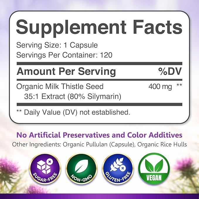 Milk Thistle Capsules 120 Counts, Premium Herbal Liver Support Formula, Non-GMO and Third-Party Tested, Supports Natural Detox, Cleanse & Repair