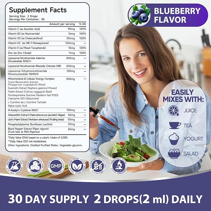 Liposomal NAD+ Liquid Drops, NAD+, NR & NMNH Supplement and Mitochondrial Health, 22-in-1 for Healthy Aging, Nerve & Energy Support, with Resveratrol, Quercetin, CoQ10 – for Women, 60ml