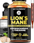 KEY ELEMENTS Smart Lions Mane Extract for Memory, Focus & Brain Health - Lions Mane Tincture with Ashwagandha and L Theanine - Liquid Lion's Mane Nootropic Mushroom Supplement - 2 Month Supply