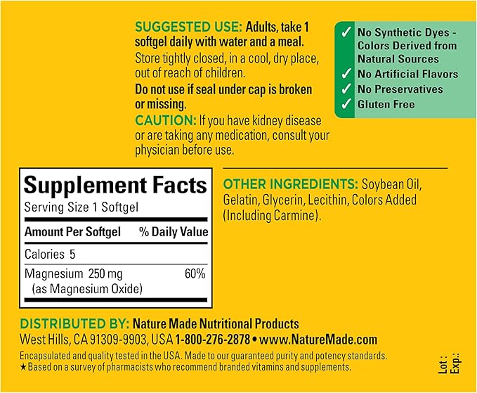 Nature Made Magnesium 250 mg, Magnesium Supplements for Men and Women, Support for Muscle, Heart, Bone and Nerve Health, 90 Softgels, 90 Day Supply