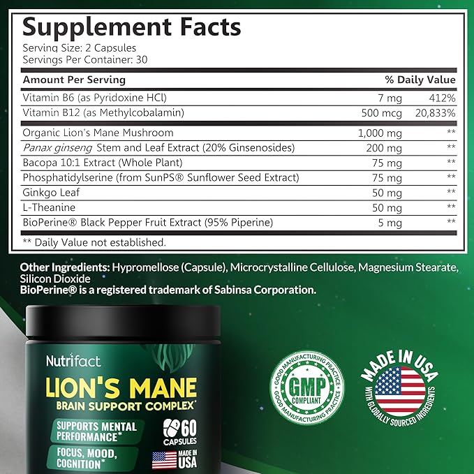 Lions Mane Supplement Capsules – 1000 mg per Serving, Complete Brain Support Complex with L Theanine, Ginkgo Leaf, Vitamin B6, B12 - Vegan, Non-GMO & Made in USA Lions Mane Mushroom - 60 Capsules