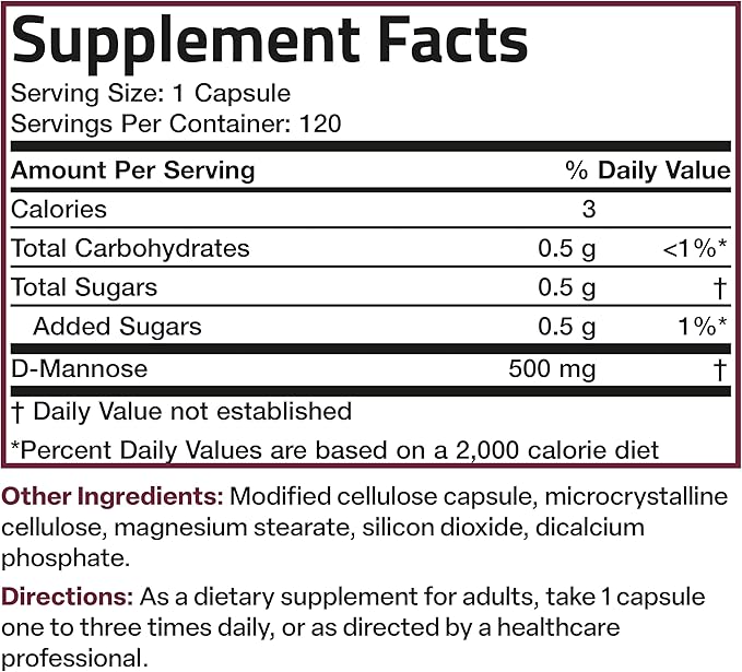 Bronson D-Mannose 500 MG Vegetarian Friendly Formula Non-GMO, 120 Capsules