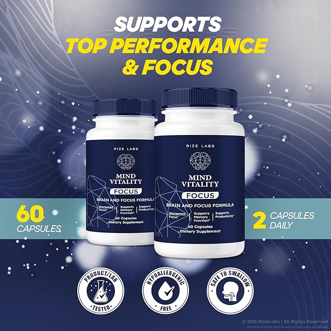 rize labs Mind Vitality Focus Brain Supplement, Mind Vitality to Boost Focus and Concentration & Avoid Mid-Afternoon Fatigue, Mind Vitality Advanced Formula Reviews (180 Capsules) (Pack of 3)