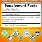 Liposomal Vitamin C Capsules - 1500mg - Made with Organic Acerola Cherries & Camu Camu, High Potency Vitamin C Liposomal - Immune Support Supplement, Enhanced Absorption & Bioavailability - 180 Count