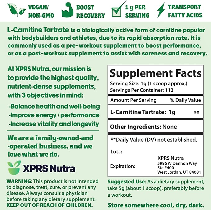 XPRS Nutra L Carnitine L Tartrate Powder - Premium Pure L Carnitine Tartrate - L-Carnitine - Vegan Friendly Bulk L Carnitine Powder - Amino Acid Supplement (4 Ounce)