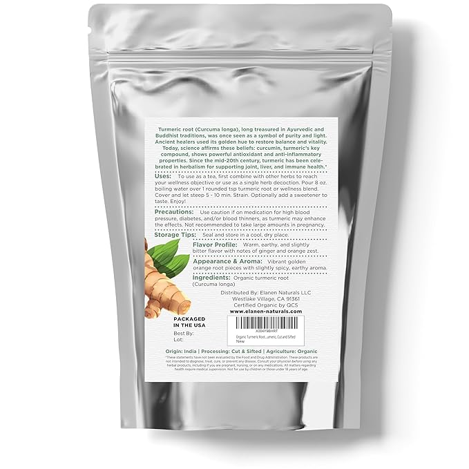 Organic Turmeric Root 4 oz (113g), USDA Certified Organic Dried Turmeric Root Herb Tea, Tumeric, Cut and Sifted