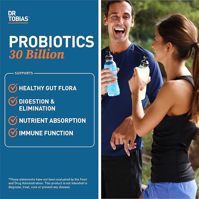 Dr. Tobias Probiotics 30 Billion, 10 Strains, 30 Billion CFU's, Targeted Release Probiotics for Women & Men, Supports Digestive Health, Shelf-Stable, Non-GMO, 60 Capsules, 60 Servings