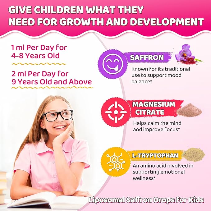 Liposomal Kids Saffron Drops – Organic Saffron Extract Liquid with Holy Basil, Passion, L-Theanine for Focus, Energy Support, Well-Being, Easy to Take Saffron Supplements for Kids, Vegan, 2 FL OZ