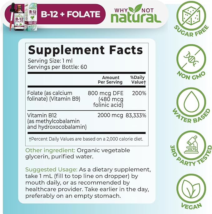 Why Not Natural Vitamin B12 Liquid Plus Folate - Organic Sublingual Extra Strength Vegan Drops - Methyl Supplement with Folinic