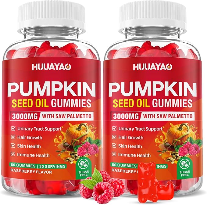Pumpkin Seed Oil Gummies 3000MG, Organic Pumpkin Seed Oil with Saw Palmetto Supports Hair, Skin & Prostate Health High-Purity Extract for Women & Men, Raspberry Flavor, 120 Count