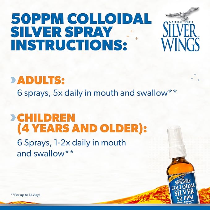 Natural Path Silver Wings Colloidal Silver Liquid - Daily Immune Support Supplement - 50ppm (250mcg) - 2 fl oz Spray