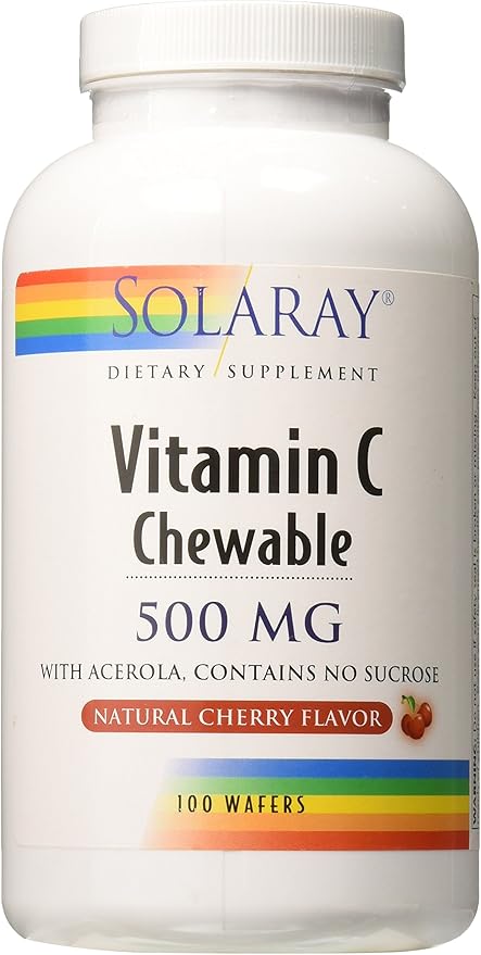 SOLARAY Chewable Vitamin C 500 mg, Natural Cherry Flavor with Natural Sweeteners, Antioxidant and Immune Support Supplement with Whole Food Base, 60-Day Guarantee, 100 Servings, 100 Chewables