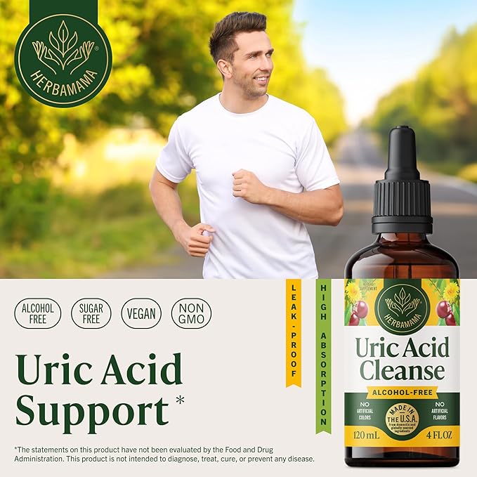 HERBAMAMA Uric Acid Cleanse Liquid Drops - Vegan Uric Acid Flush with Tart Cherry, Chanca Piedra & Dandelion Root Tincture - Non-GMO, Alcohol & Sugar-Free Supplement, 56-Day Supply