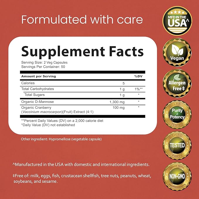 NaturaLife Labs Organic D-Mannose 1300 mg with Organic Cranberry Extract 100 mg per Serving – 100 Capsules – Non-GMO, Gluten-Free, Vegan