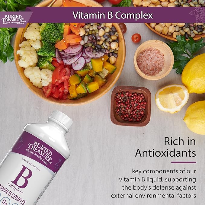 Buried Treasure B Complete - Liquid Vitamin B Complex with MethylCobalamin B12 & MethylFolate B9, Biotin, B1, B2,B3, B5, B6, Liquid & Sugar-Free, Women & Men, Dose Cup for Measuring