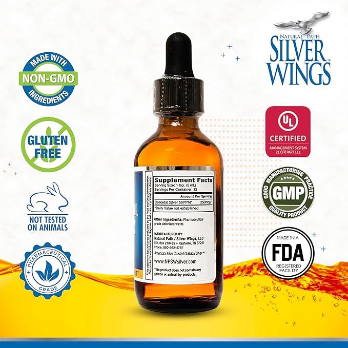 Natural Path Silver Wings Colloidal Silver 50ppm (250mcg) Immune Support Supplement 2 fl. oz. Dropper