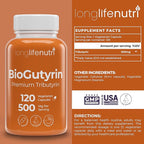 BioGutyrin – Tributyrin 500mg, Postbiotic Supplement for Gut Function & Nutrient Absorption, 120 Vegetarian Capsules, Butyric Acid for Butyrate Production, 4-Month Supply, GMP Certified, Made in USA