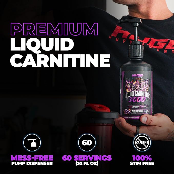 Huge Supplements Liquid L-Carnitine 3000, Superior Potency Infused with 500mg MitoBurn & 25mg GBB, Premium Stim-Free Thermogenic Fat Burner & Energy Boost, Convenient Pump Top, 32 Oz (60 Servings)