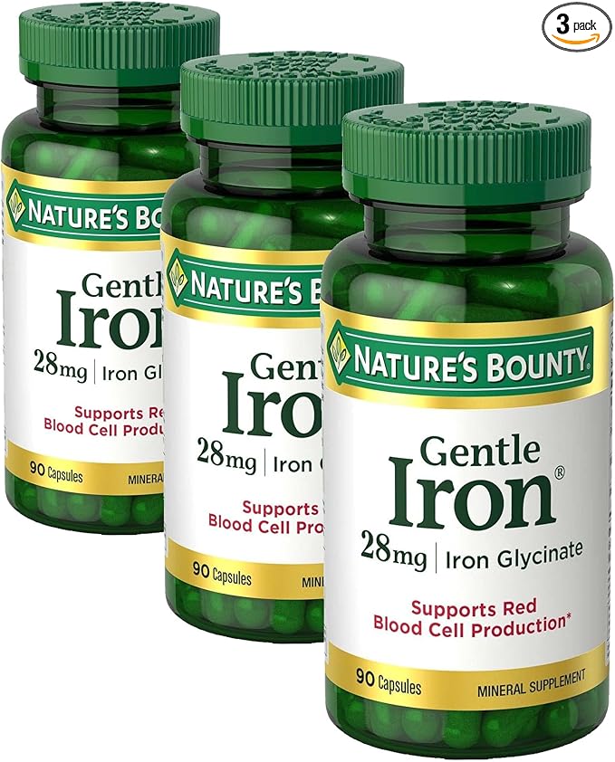 Nature’s Bounty Gentle Iron 28 mg Capsules with Vitamin C,Folic Acid,Vitamin B-12 Iron Supplement,Non-GMO,Gluten-Free,90 Count (Pack of 3)