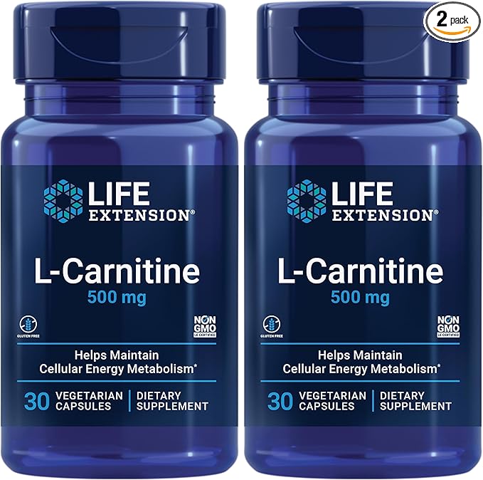 Life Extension L-Carnitine – 500 mg, Energy & Memory Supplement – Free Form Amino Acid, Nitric Oxide Support, Healthy Blood Pressure | Gluten-Free, Non-GMO, Vegetarian | 30 Capsules (Pack of 2)