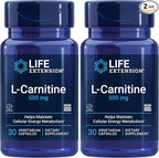 Life Extension L-Carnitine – 500 mg, Energy & Memory Supplement – Free Form Amino Acid, Nitric Oxide Support, Healthy Blood Pressure | Gluten-Free, Non-GMO, Vegetarian | 30 Capsules (Pack of 2)