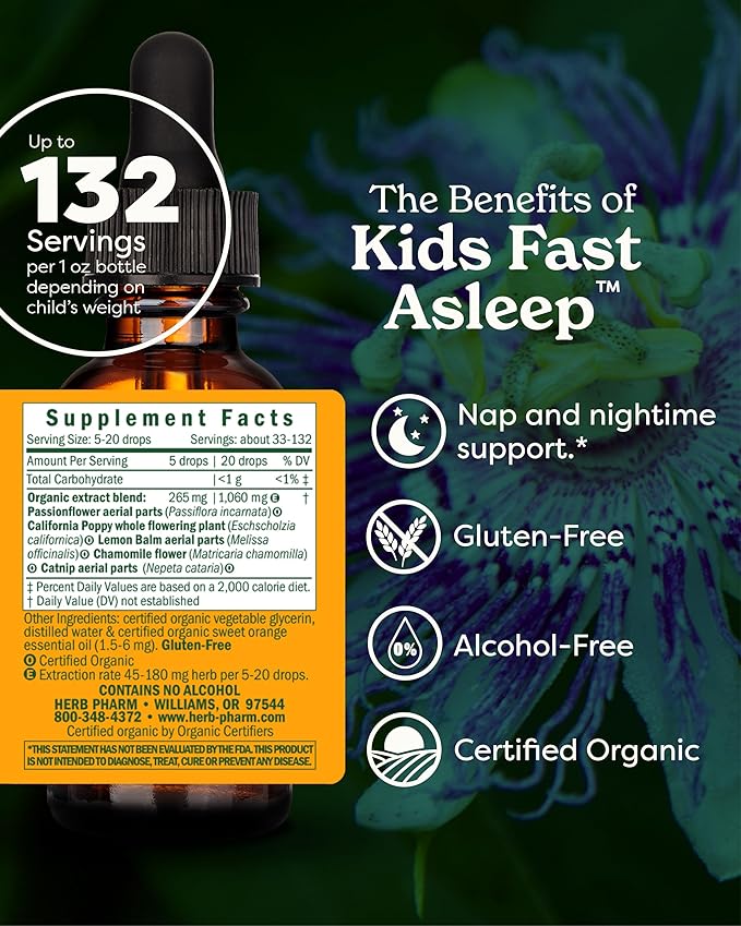 Herb Pharm Kids Fast Asleep™: Sleep Support Herbal Extract, Sugar-Free, Alcohol-Free, Herbal Supplement for Kids, Nap & Nighttime Support, Non-Bitter, Up to ~132 Servings Per Bottle, 1 oz*