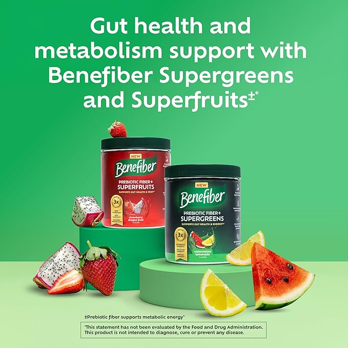 Benefiber Prebiotic GLP-1 Friendly Fiber + Supergreens Dietary Supplement Powder, Watermelon Lemonade Flavor, 8.8 oz (250g)