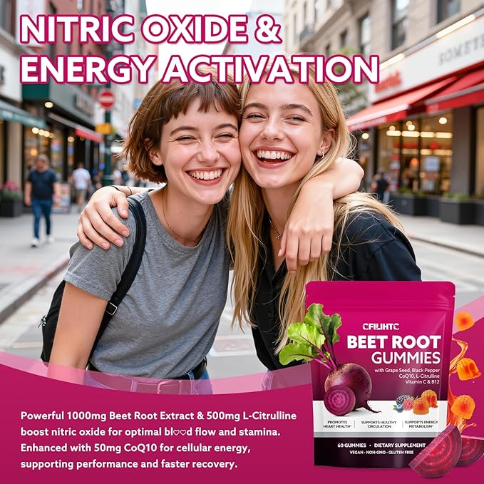 Beetroot Gummies - Beet Root for High Blood Pressure Supplements with Grape Seed Extract + CoQ10 + Black Pepper Extract + L-Citrulline + Vitamin C B12 Ultimate Heart for Blood Flow & Energy, 60 Count