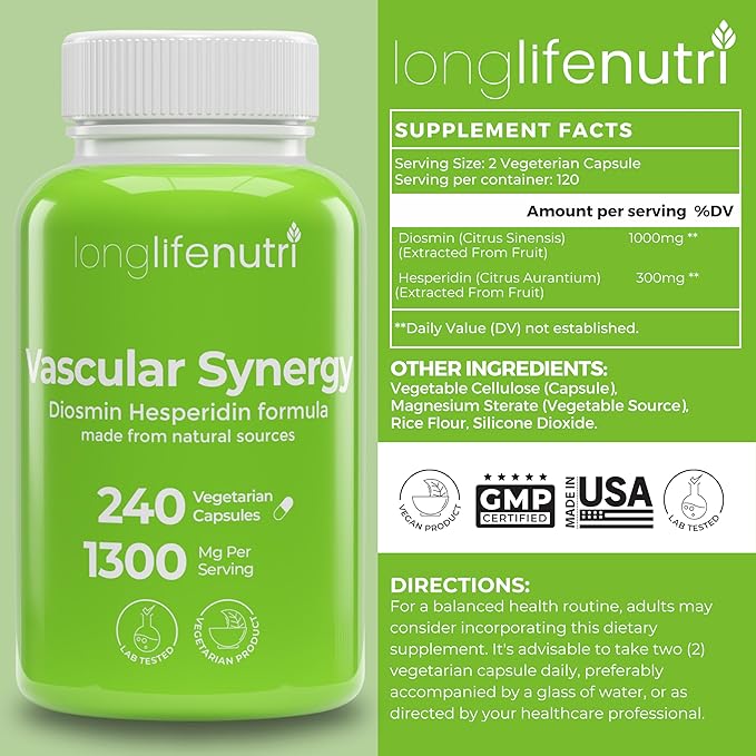 LongLifeNutri Grapefruit Seed Extract 500 mg + Vascular Synergy (Diosmin Hesperidin Complex) 1300 mg Bundle - 180 + 240 Capsules, 6-4 Month Supply, Daily Energy & Vein Support, Made in USA