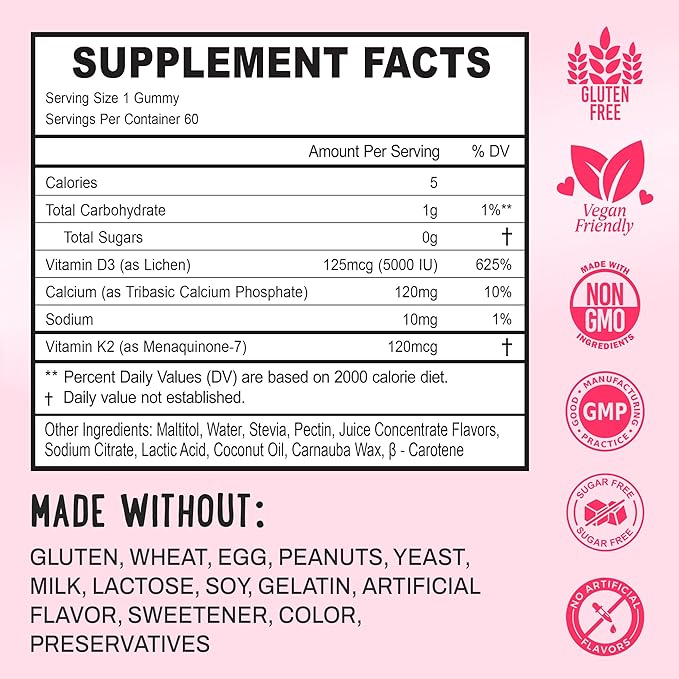 OH MY CHEWY Double-Flavored Vitamin D3 K2 & Calcium Fluffy Gummies - Supplement for Healthy Teeth, Bone & Energy - 5000 IU D3, 120 mcg K2(MK-7), 120 mg CA - Vegan & Non-GMO - 60 Count