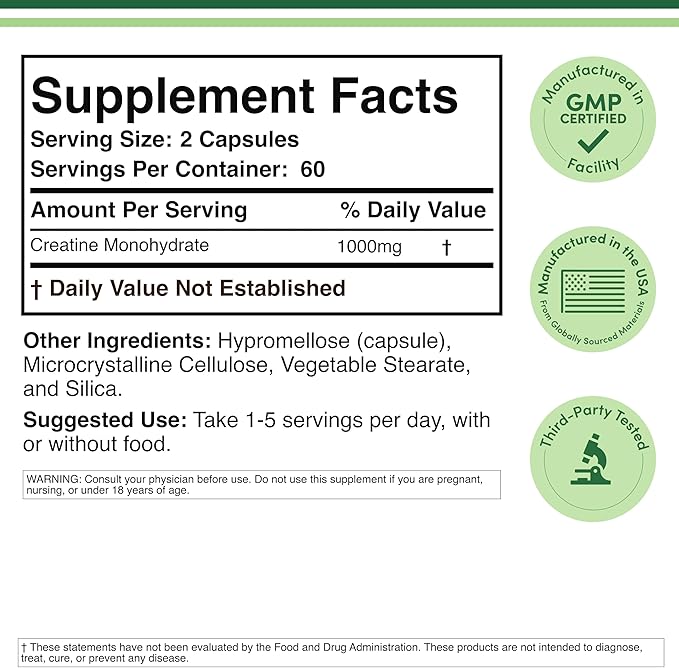 Creatine Monohydrate Capsules - 1g per Serving, 120 Count - No Fillers, Vegan Safe, Non-GMO, Gluten Free by Double Wood (Pack of 2)