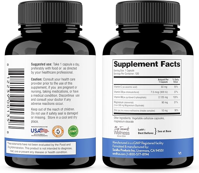 Magnesium Glycinate 500mg High Absorption Capsules with Vitamin C D3 B6 Zinc | Quality Sleep, Relaxation & Muscle Health Supplement for Women and Men | Chelated Magnesium 120 Count | Easy to Swallow