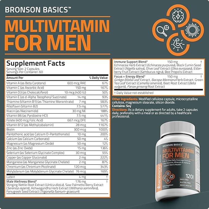 Bronson Multivitamin for Men All-in-One Daily Coverage Formula Key Vitamins, Minerals & Herbs to Support Men's Health, 120 Capsules