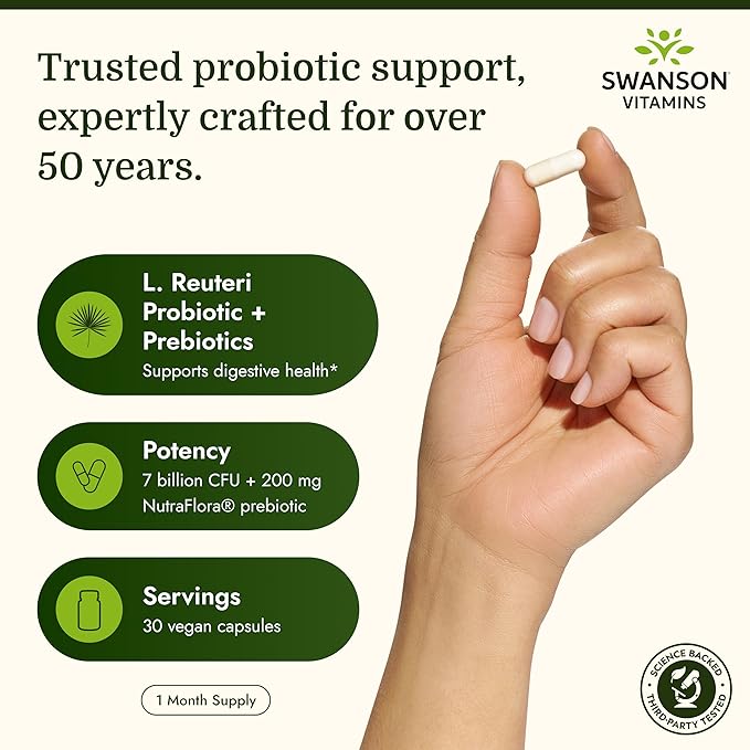 Swanson L. Reuteri Probiotic Plus with L. Rhamnosus, L. Acidophilus & FOS Prebiotic for Gut-Health-Conscious Adults - 7 Billion CFU (30 Vegan Capsules)