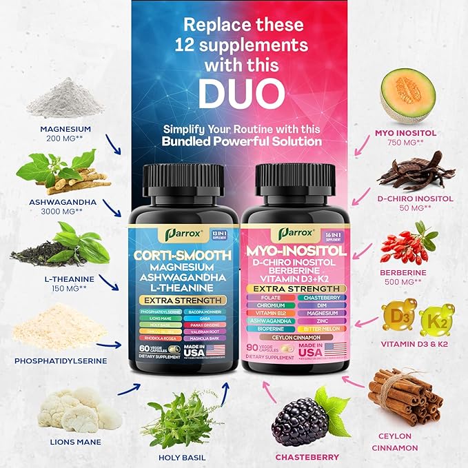 Cortisol & Myo-Inositol Supplement Bundle, Soothe & Smooth Bundle, 13-in-1 Cortisol Balance, Magnesium, Ashwagandha, L-Theanine, D-Chiro Inositol, Folate, Berberine, Chasteberry (150 Capsules)